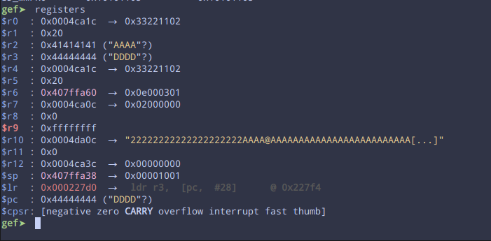 GEF register dump showing the program counter controlled with 0x44444444